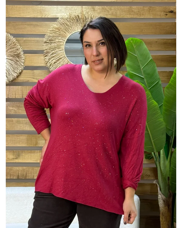 İtalyan Tasarım Sim İşlemeli V Yaka Triko Bluz Kırmızı