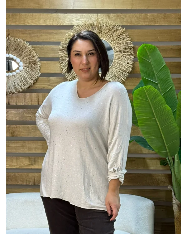 İtalyan Tasarım Sim İşlemeli V Yaka Triko Bluz Krem