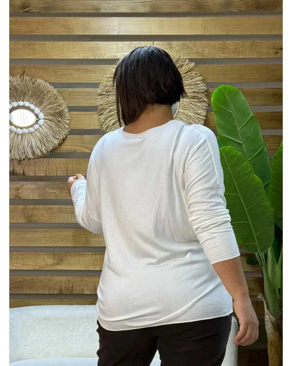 İtalyan Tasarım Sim İşlemeli V Yaka Triko Bluz Beyaz