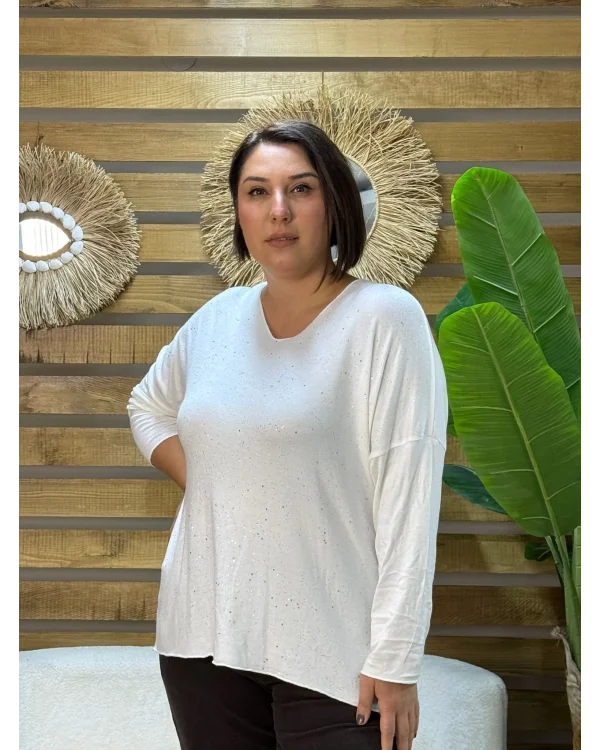 İtalyan Tasarım Sim İşlemeli V Yaka Triko Bluz Beyaz