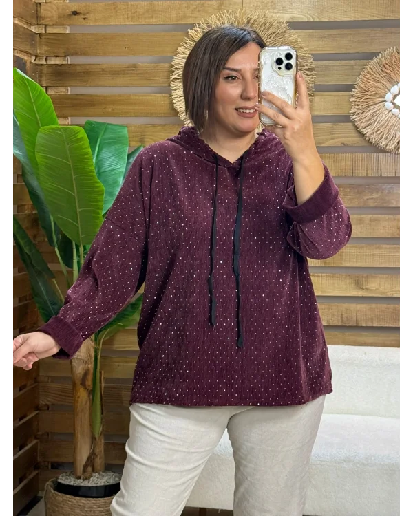 İtalyan Tasarım Taş İşlemeli Kapüşonlu Sweatshirt Bordo