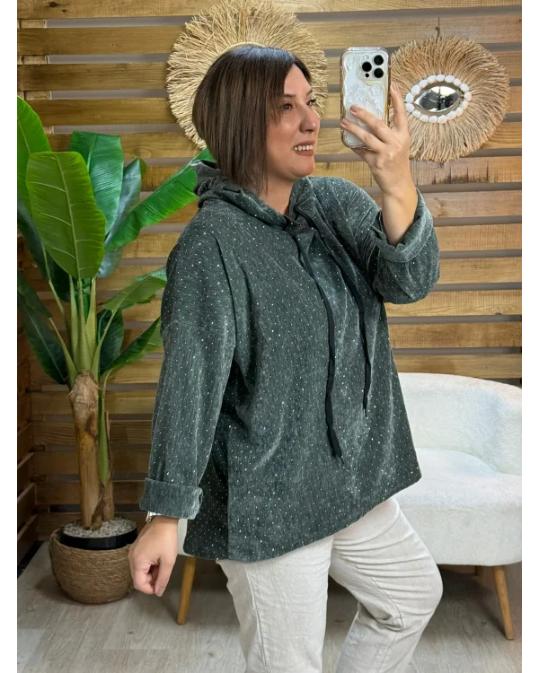 İtalyan Tasarım Taş İşlemeli Kapüşonlu Sweatshirt Haki