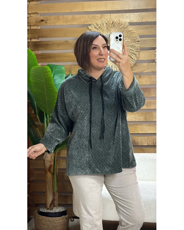 İtalyan Tasarım Taş İşlemeli Kapüşonlu Sweatshirt Haki