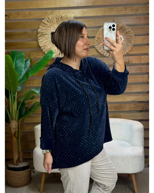 İtalyan Tasarım Taş İşlemeli Kapüşonlu Sweatshirt Lacivert