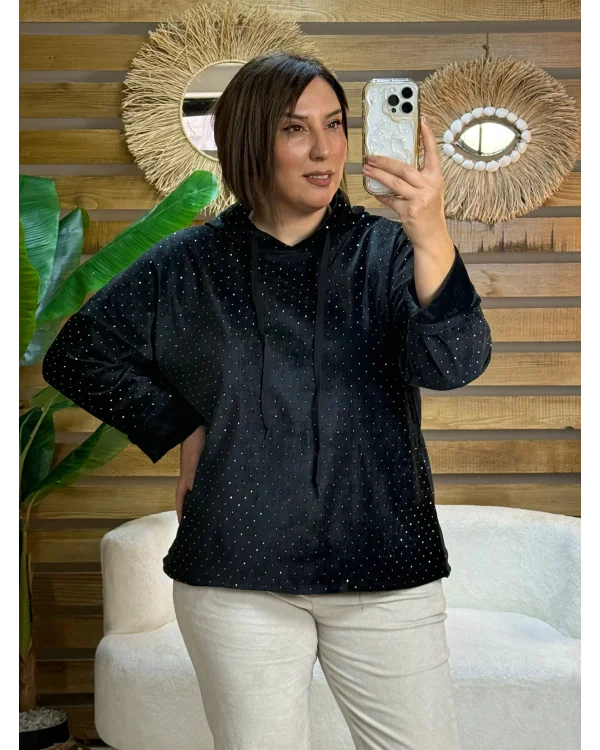 İtalyan Tasarım Taş İşlemeli Kapüşonlu Sweatshirt Siyah