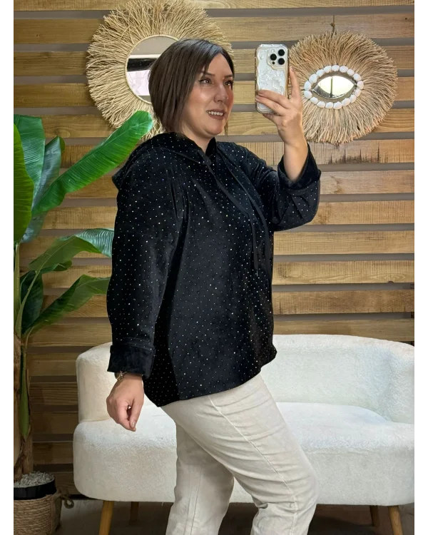 İtalyan Tasarım Taş İşlemeli Kapüşonlu Sweatshirt Siyah