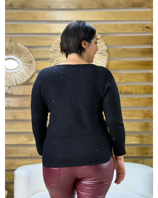 İtalyan Tasarım Taş İşlemeli V Yaka Bluz Siyah