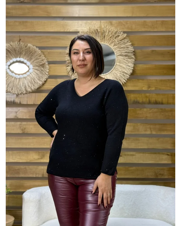 İtalyan Tasarım Taş İşlemeli V Yaka Bluz Siyah