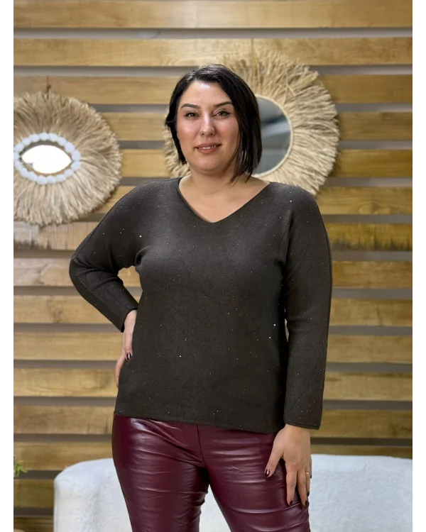 İtalyan Tasarım Taş İşlemeli V Yaka Bluz Kahve