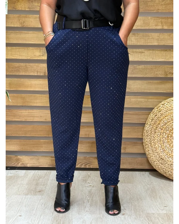 İtalyan Tasarım Taş İşlemeli Işıltı Pantolon Lacivert