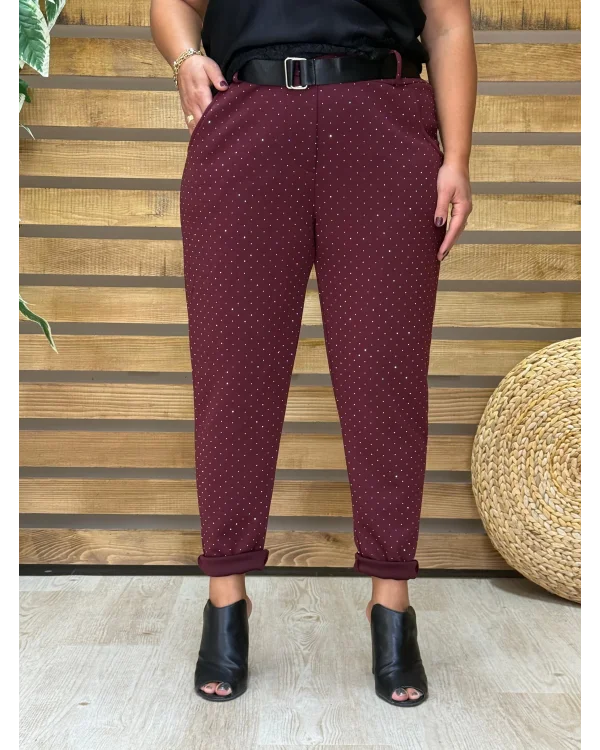 İtalyan Tasarım Taş İşlemeli Işıltı Pantolon Bordo