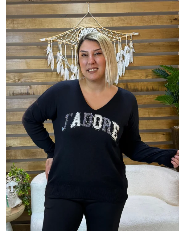 İtalyan Tasarım V Yaka Jadore Angora Bluz Siyah