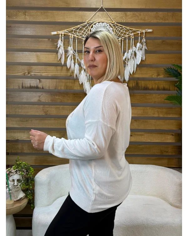 İtalyan Tasarım V Yaka Jadore Angora Bluz Beyaz