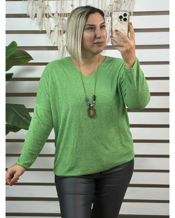 İtalyan Tasarım V Yaka Kolyeli Dokulu Bluz Çimen Yeşili