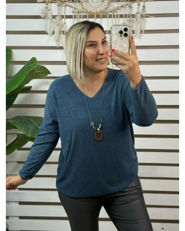 İtalyan Tasarım V Yaka Kolyeli Dokulu Bluz Turkuaz