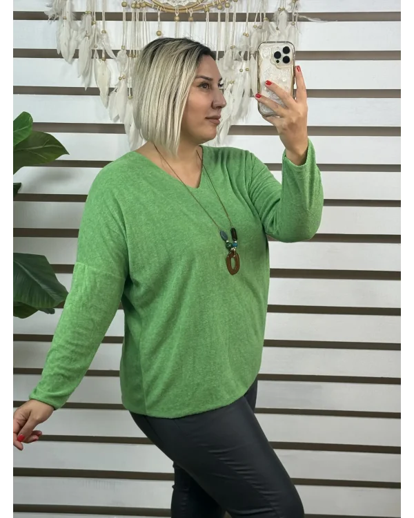 İtalyan Tasarım V Yaka Kolyeli Dokulu Bluz Çimen Yeşili