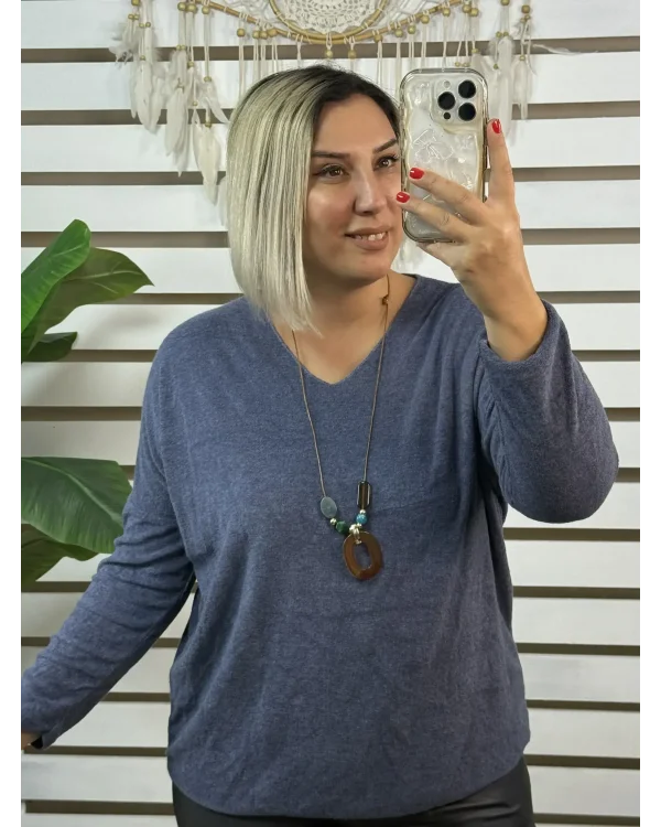 İtalyan Tasarım V Yaka Kolyeli Dokulu Bluz İndigo