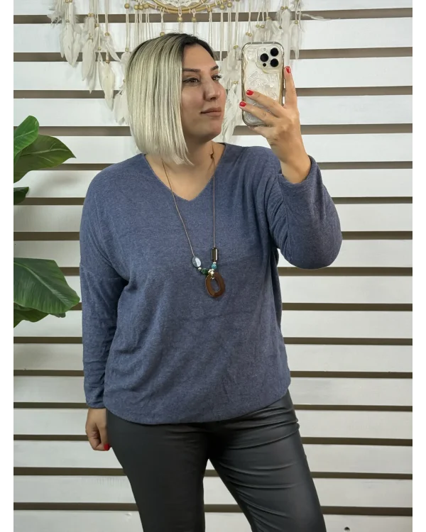 İtalyan Tasarım V Yaka Kolyeli Dokulu Bluz İndigo