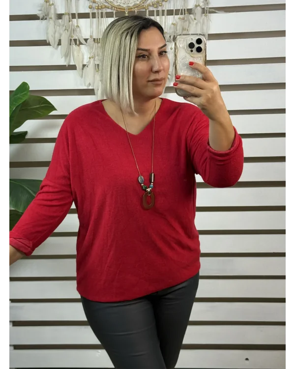 İtalyan Tasarım V Yaka Kolyeli Dokulu Bluz Kırmızı