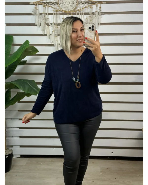İtalyan Tasarım V Yaka Kolyeli Dokulu Bluz Lacivert