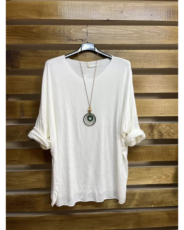 İtalyan Tasarım Yuvarlak Yaka Hamur Triko Bluz Beyaz