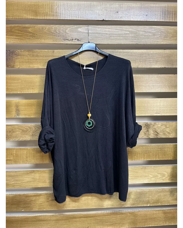 İtalyan Tasarım Yuvarlak Yaka Hamur Triko Bluz Siyah