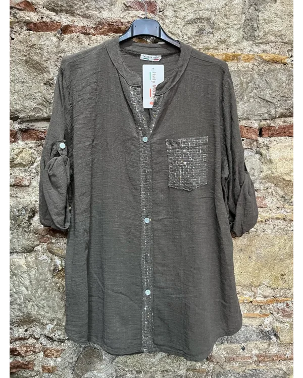 İtalyan Tek Cebi Pullu Tasarım Keten Gömlek Koyu Vizon