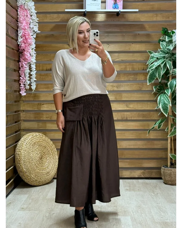 Paprica Tasarım Tafta Detaylı Etek Kahve