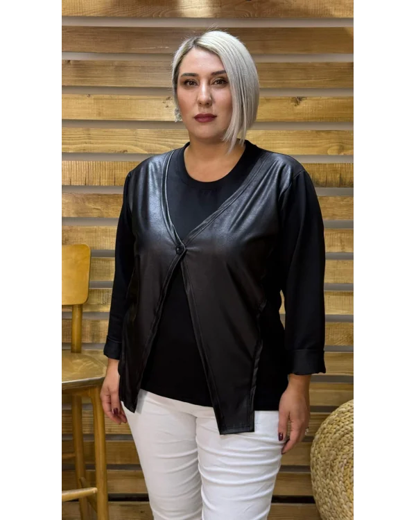 Tasarım Deri Yelek Detaylı Bluz Siyah