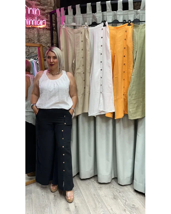 Tasarım Düğme Detaylı Müslin Pantolon