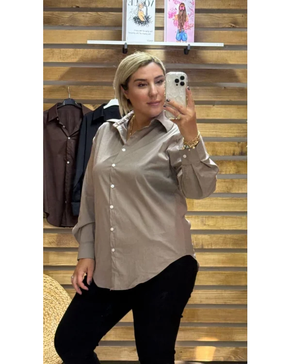 Tasarım Poplin Kumaş Klasik Gömlek Vizon