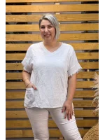 İtalyan Tasarım Keten Nakış Bluz Beyaz