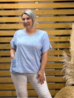 İtalyan Tasarım Keten Nakış Bluz Bebe Mavisi
