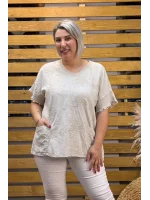 İtalyan Tasarım Keten Nakış Bluz Krem