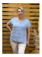 İtalyan Tasarım Yıldız Detaylı Ham Keten Bluz Bebe Mavisi