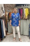 İtalyan Tasarım Gül Baskı Keten Gömlek Saks Mavi