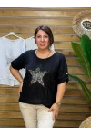 İtalyan Tasarım Önü Yıldız Kabartma Detaylı Bluz Siyah
