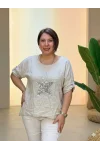İtalyan Tasarım Önü Yıldız Kabartma Detaylı Bluz Keten