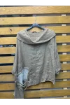 İtalyan Tasarım Asimetrik Kesim Payet Detaylı Keten Bluz Camel
