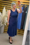İtalyan Tasarım Balık Model Keten Elbise Lacivert