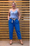 İtalyan Tasarım Beli Bağlamalı Pantolon Saks Mavi
