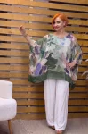 İtalyan Tasarım Çiçek Desenli İpek Bluz Yeşil