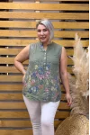 İtalyan Tasarım Çiçek Desenli Sıfır Kol Pamuk Keten Bluz Haki