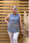 İtalyan Tasarım Çiçek Desenli Sıfır Kol Pamuk Keten Bluz İndigo