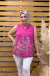 İtalyan Tasarım Çiçek Desenli Sıfır Kol Pamuk Keten Bluz Pembe