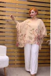 İtalyan Tasarım Çiçek Desenli Şifon Bluz Krem