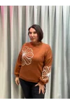 İtalyan Tasarım Çiçek İşlemeli Yumuşak Triko Bluz Tarçın