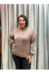 İtalyan Tasarım Çiçek İşlemeli Yumuşak Triko Bluz Pudra
