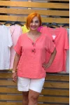 İtalyan Tasarım Düğme ve Bağcık Detaylı Keten Bluz Nar Çiçeği