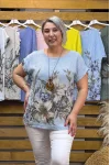 İtalyan Tasarım Floral Desenli Kolyeli Pamuk Keten Bluz Bebe Mavisi